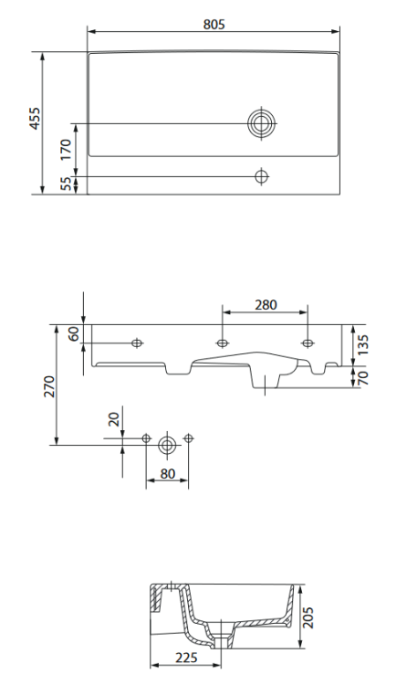 Meissen Keramik umywalka wisząca KONTRA 80 prawa. K682-044 rys. tech..png
