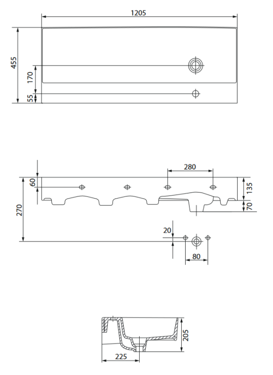Meissen Keramik umywalka wisząca KONTRA 120 prawa. K682-048 rys. tech..png