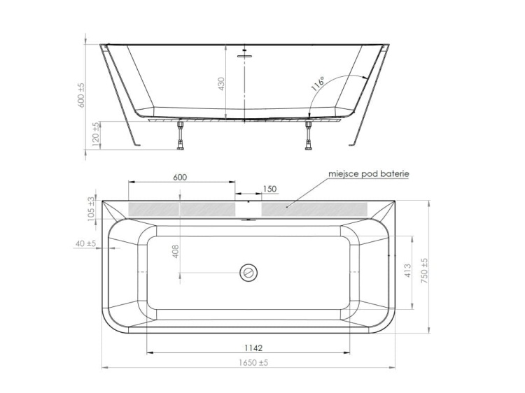 Roca SAL wanna przyścienna akrylowa 165x75 back-to-wall. Biały połysk . A248688000 rys. tech. BudoHurt.com Łódź.jpg
