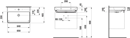 Laufen PRO X Umywalka ścienna 650 mm, z otworem na baterię, z przelewem. H8108640001041 rys. BudoHurt.com.jpg