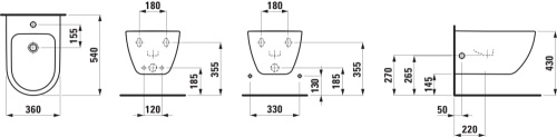 Laufen PRO X Bidet podwieszany, z otworem na baterie na środku, z przelewem. H8308600003021 rys. BudoHurt.com.jpg